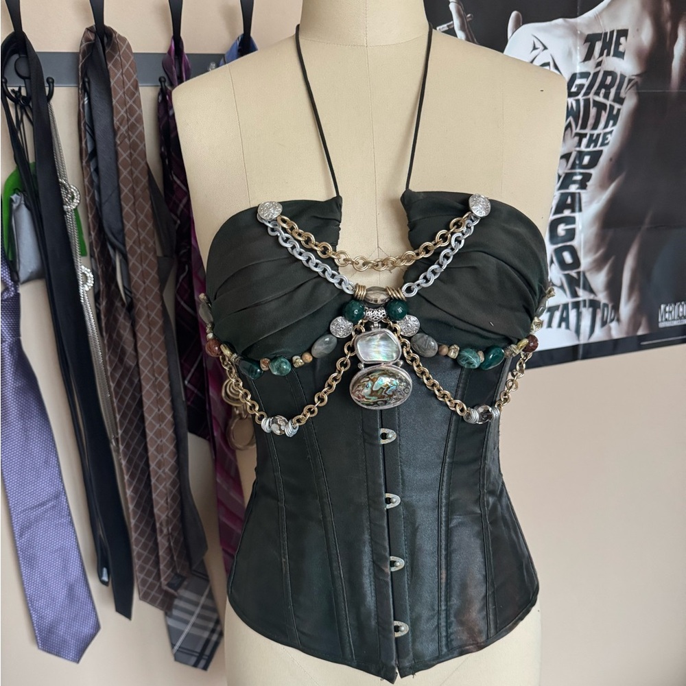 Handmade Elegant Dark Green Corset with Beaded Embellishments